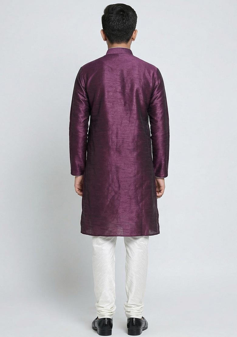 Purple Machine Embrodiery Silk Kurta Set For Boys - Indya