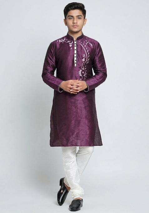 Purple Machine Embrodiery Silk Kurta Set For Boys