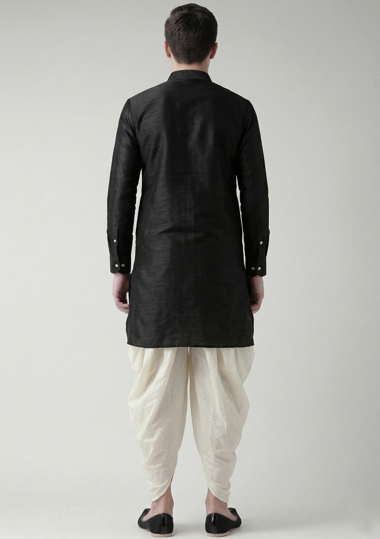 Black Machine Embrodiery Silk Kurta Set For Boys - Indya