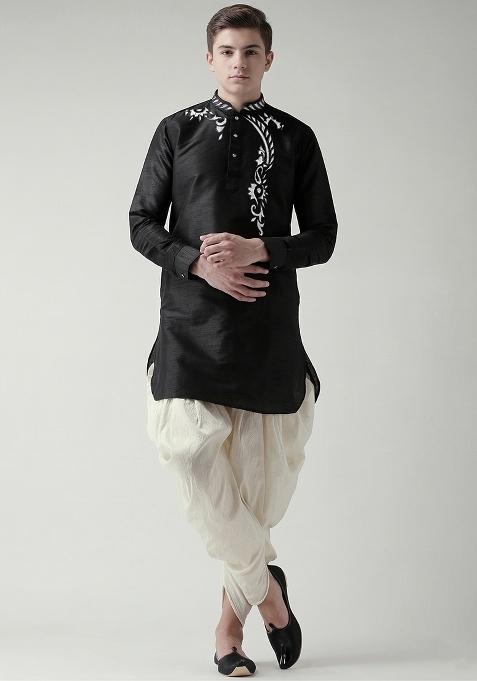 Black Machine Embrodiery Silk Kurta Set For Boys
