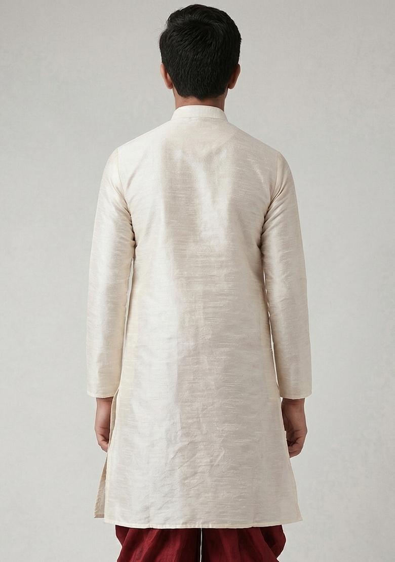White Machine Embrodiery Silk Kurta For Boys - Indya