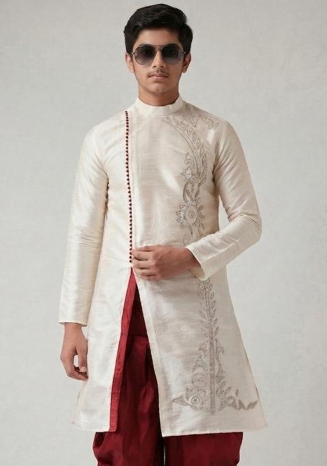 White Machine Embrodiery Silk Kurta For Boys