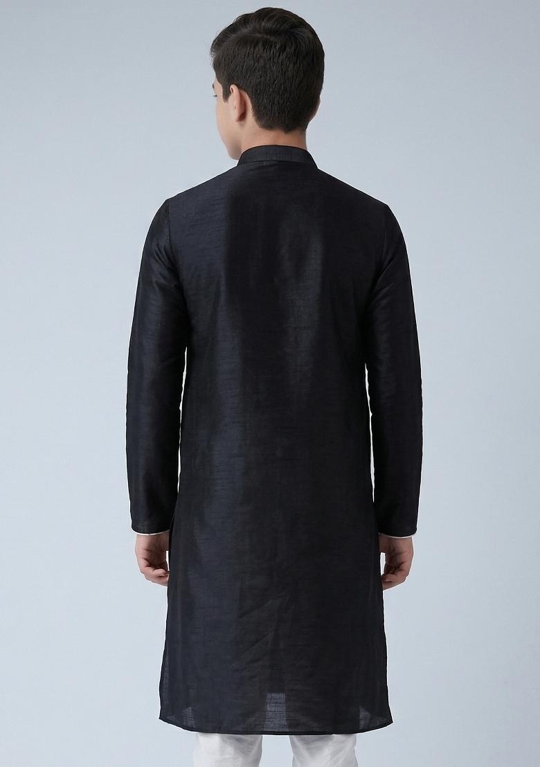 Black Machine Embrodiery Silk Kurta For Boys - Indya