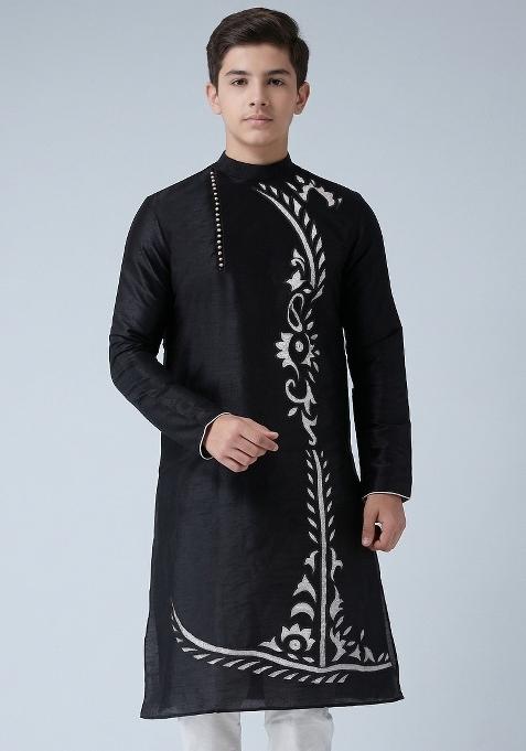 Black Machine Embrodiery Silk Kurta For Boys