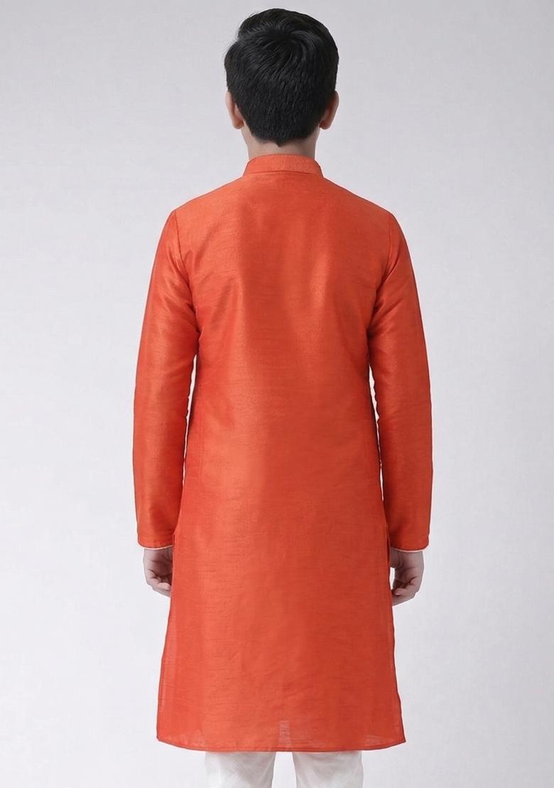 Rust Orange Machine Embrodiery Silk Kurta For Boys - Indya