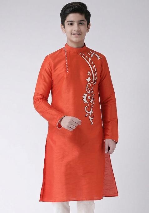 Rust Orange Machine Embrodiery Silk Kurta For Boys