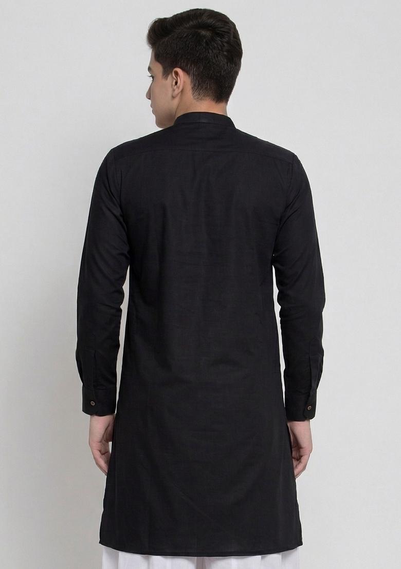 Black Machine Embrodiery Cotton Kurta For Boys - Indya