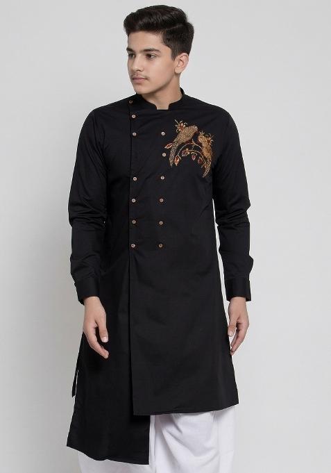 Black Machine Embrodiery Cotton Kurta For Boys