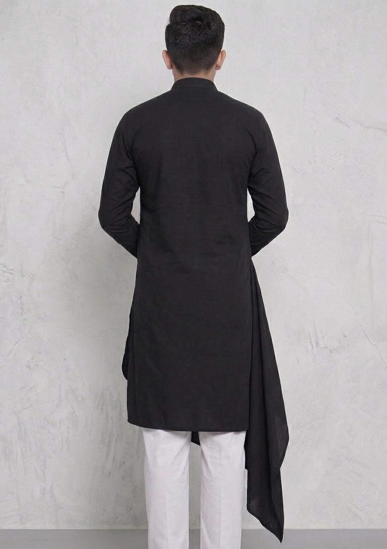 Black Machine Embrodiery Cotton Kurta For Boys - Indya