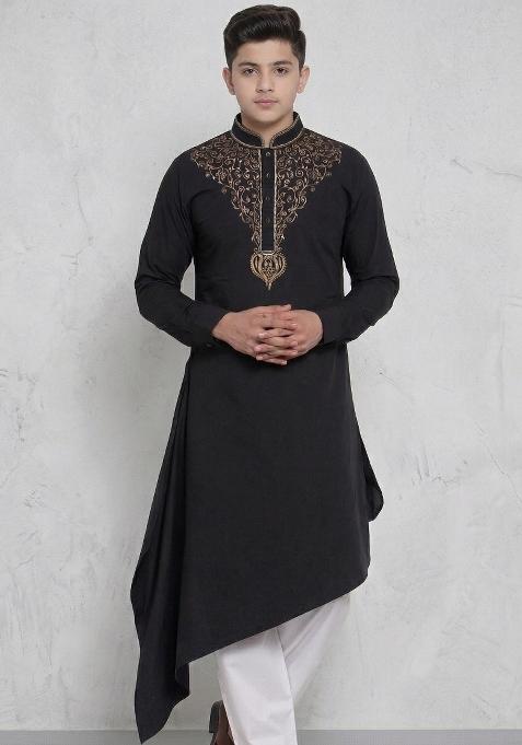 Black Machine Embrodiery Cotton Kurta For Boys