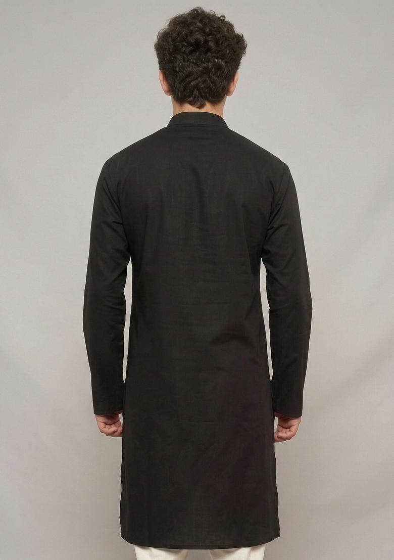 Black Machine Embrodiery Cotton Kurta For Boys - Indya