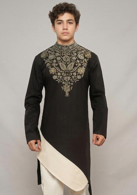 Black Machine Embrodiery Cotton Kurta For Boys