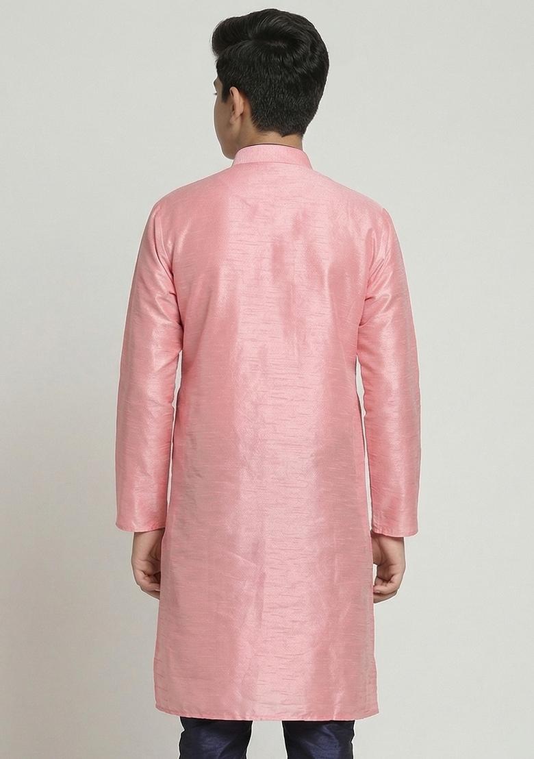 Pink Machine Embrodiery Silk Kurta For Boys - Indya