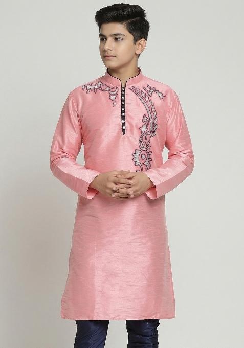 Pink Machine Embrodiery Silk Kurta For Boys