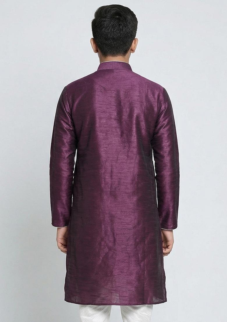 Purple Machine Embrodiery Silk Kurta For Boys - Indya