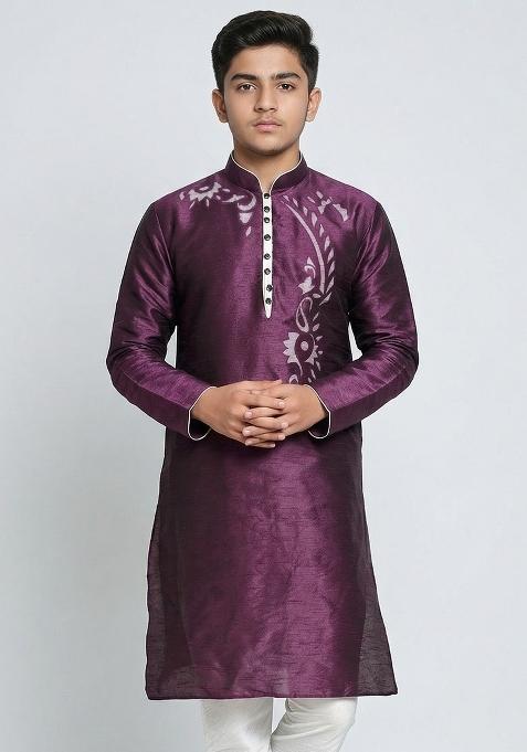 Purple Machine Embrodiery Silk Kurta For Boys