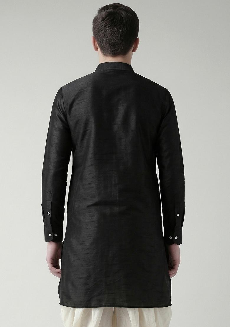 Black Machine Embrodiery Silk Kurta For Boys - Indya