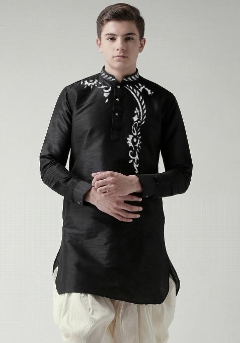 Black Machine Embrodiery Silk Kurta For Boys