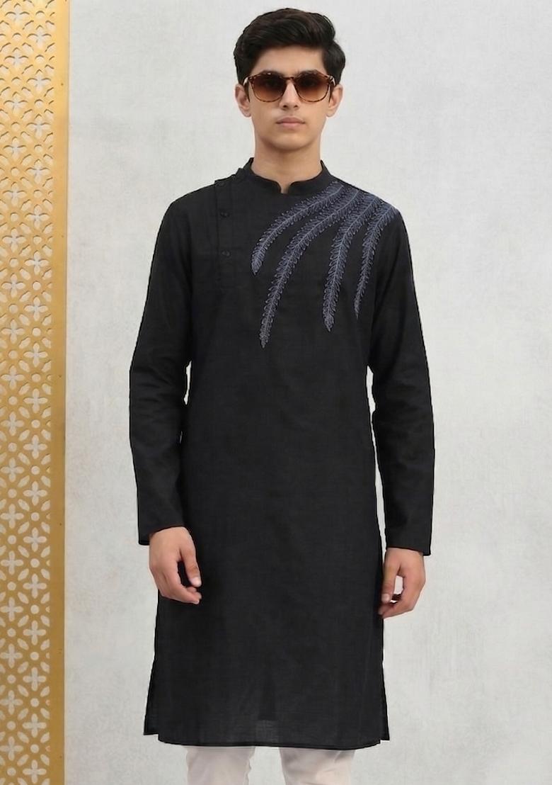 Black Machine Embrodiery Cotton Kurta For Boys - Indya