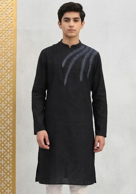 Black Machine Embrodiery Cotton Kurta For Boys