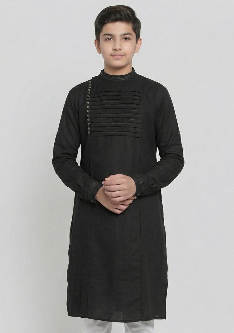 Black Plain Cotton Kurta For Boys - Indya