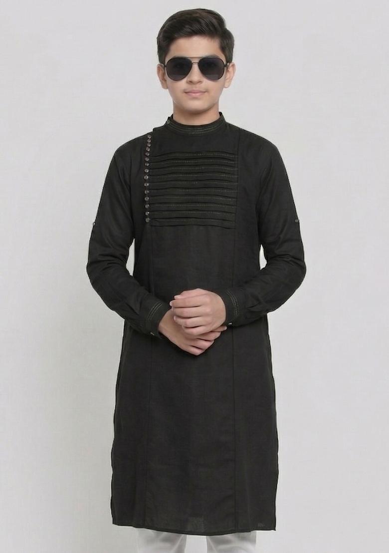 Black Plain Cotton Kurta For Boys - Indya