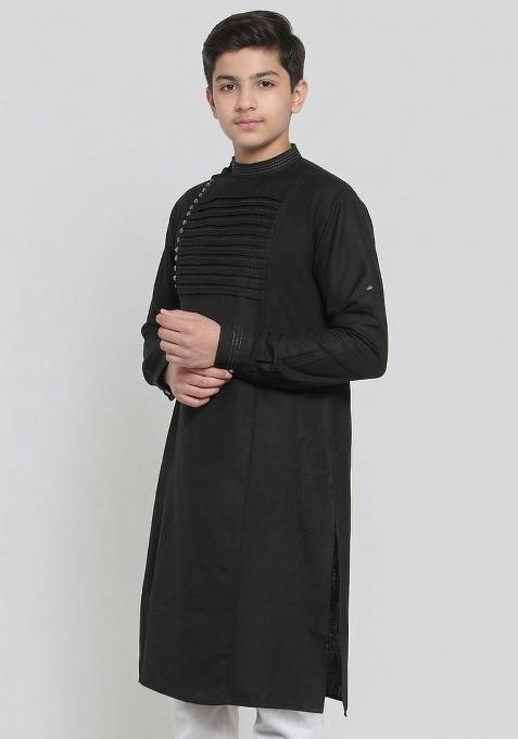 Black Plain Cotton Kurta For Boys