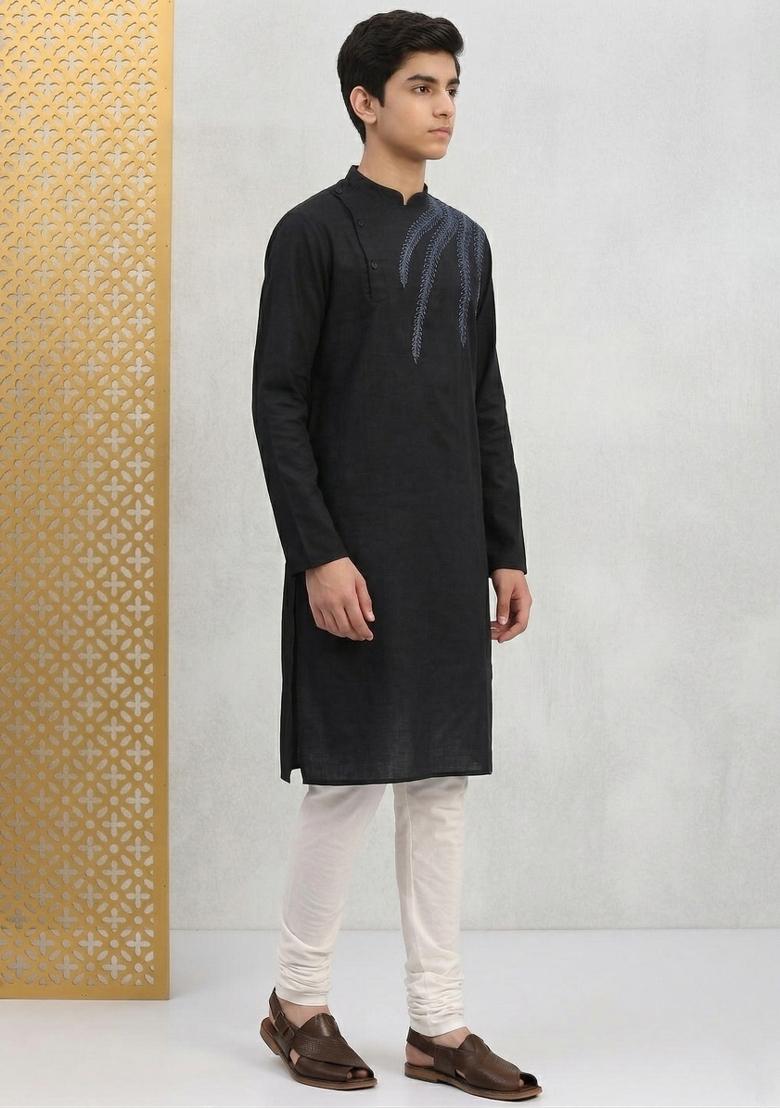 Black Machine Embrodiery Cotton Kurta Set For Boys - Indya