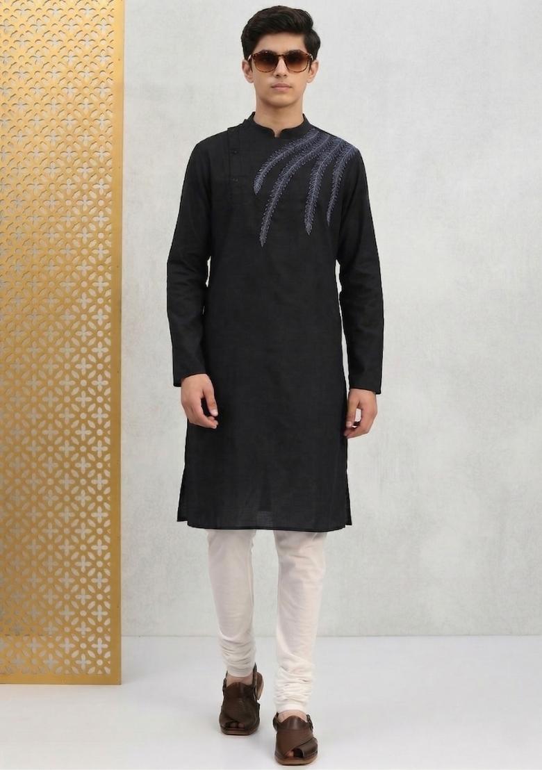 Black Machine Embrodiery Cotton Kurta Set For Boys - Indya