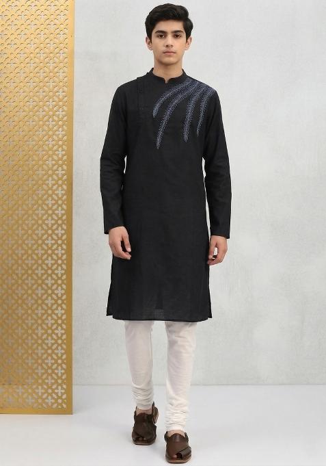 Black Machine Embrodiery Cotton Kurta Set For Boys