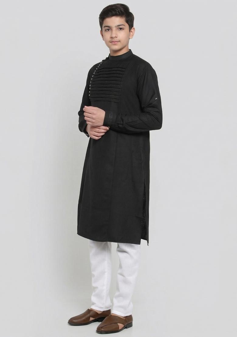Black Plain Cotton Kurta Set For Boys - Indya