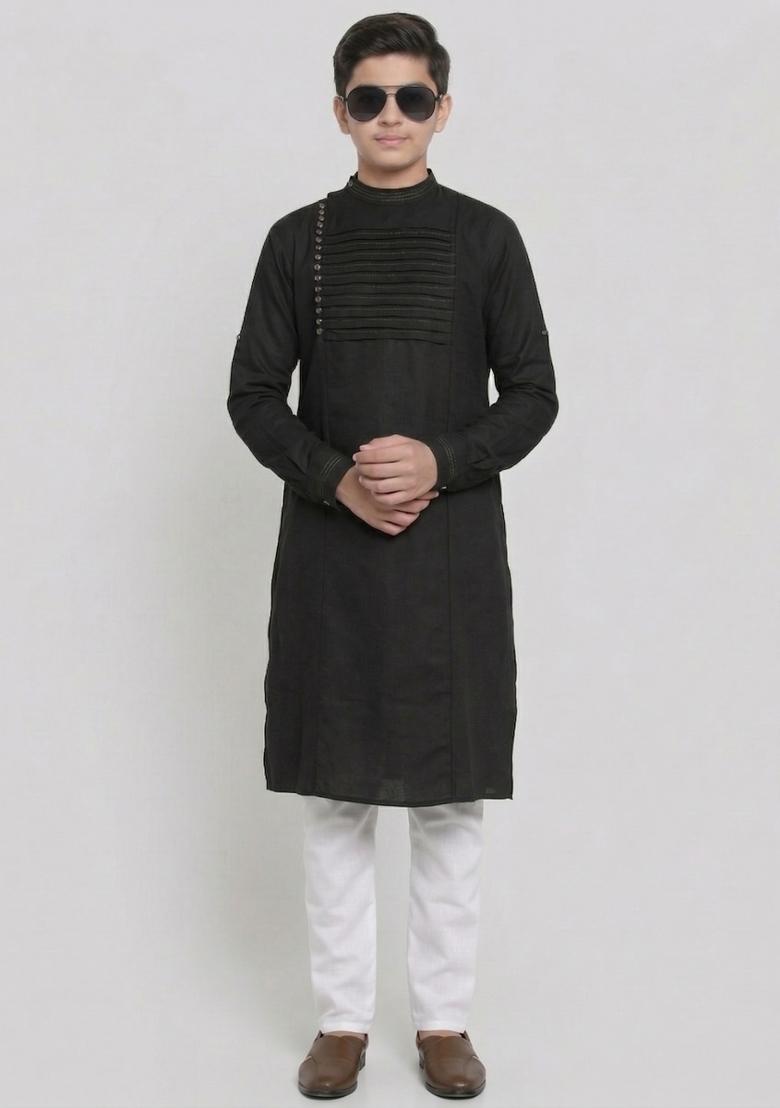 Black Plain Cotton Kurta Set For Boys - Indya