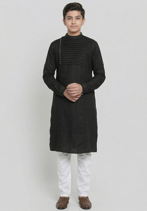 Black Plain Cotton Kurta Set For Boys