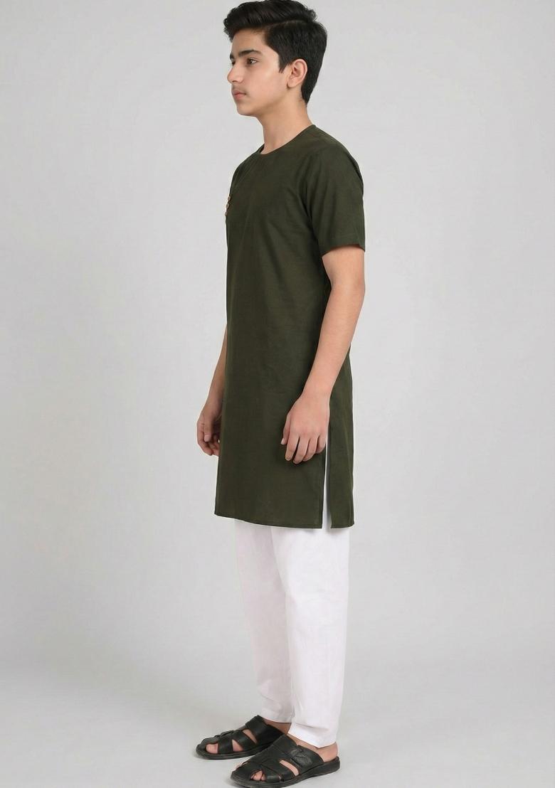 Mehendi Green Plain Cotton Kurta For Boys - Indya