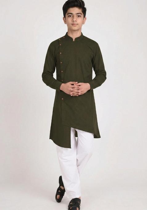 Mehendi Green Plain Cotton Kurta For Boys