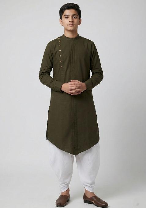 Mehendi Green Plain Cotton Kurta For Boys