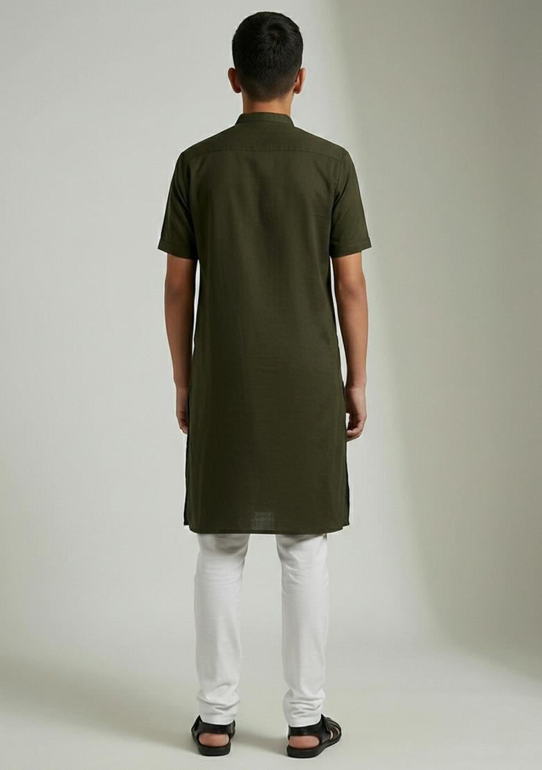 Mehendi Green Plain Cotton Kurta For Boys - Indya