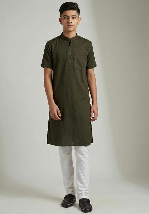 Mehendi Green Plain Cotton Kurta For Boys