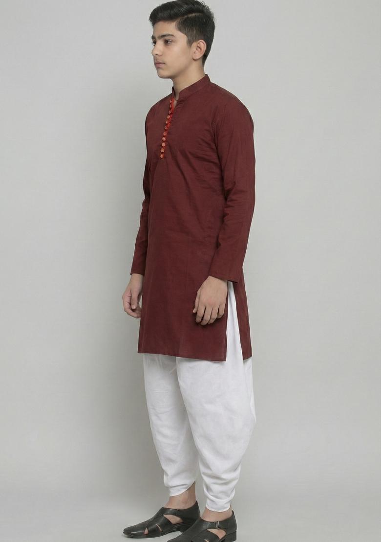 Mehendi Green Plain Cotton Kurta Set For Boys - Indya