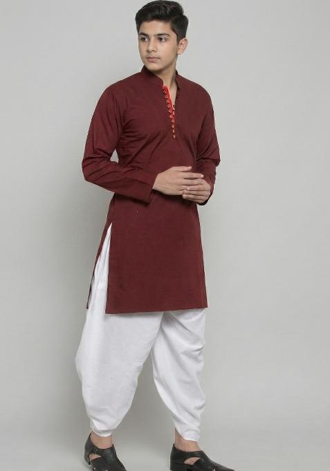 Mehendi Green Plain Cotton Kurta Set For Boys
