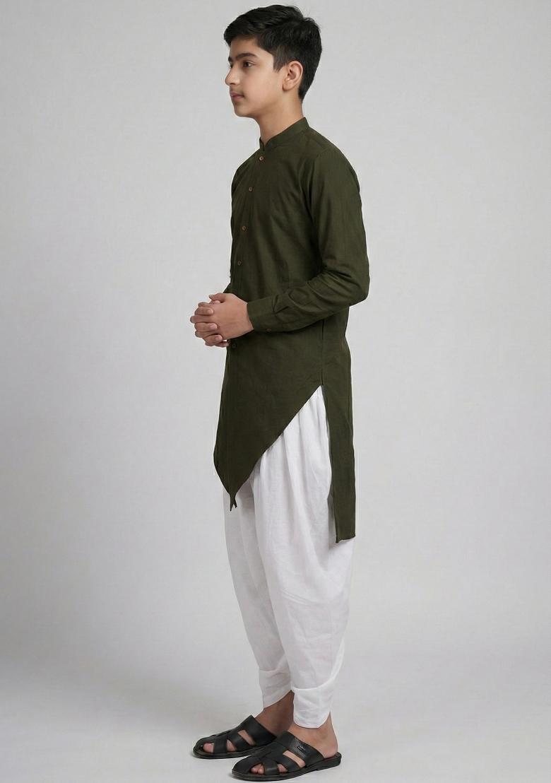 Mehendi Green Plain Cotton Kurta Set For Boys - Indya