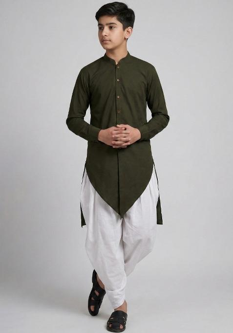 Mehendi Green Plain Cotton Kurta Set For Boys