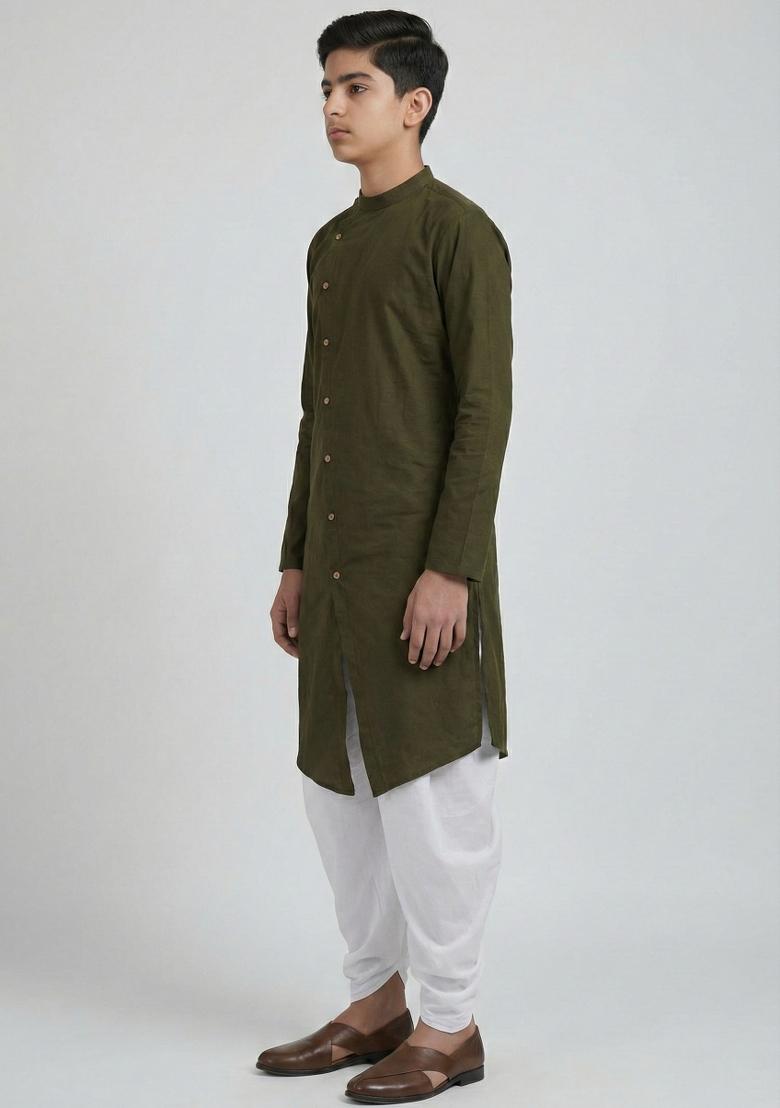 Mehendi Green Plain Cotton Kurta Set For Boys - Indya