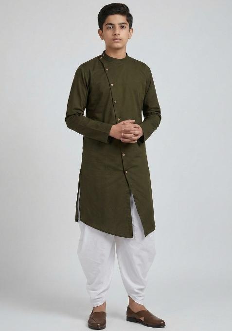 Mehendi Green Plain Cotton Kurta Set For Boys