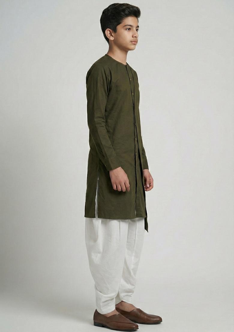 Mehendi Green Plain Cotton Kurta Set For Boys - Indya