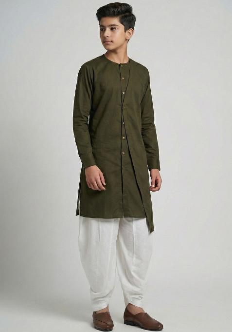 Mehendi Green Plain Cotton Kurta Set For Boys