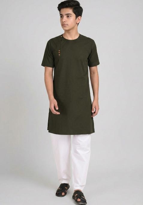 Mehendi Green Plain Cotton Kurta Set For Boys