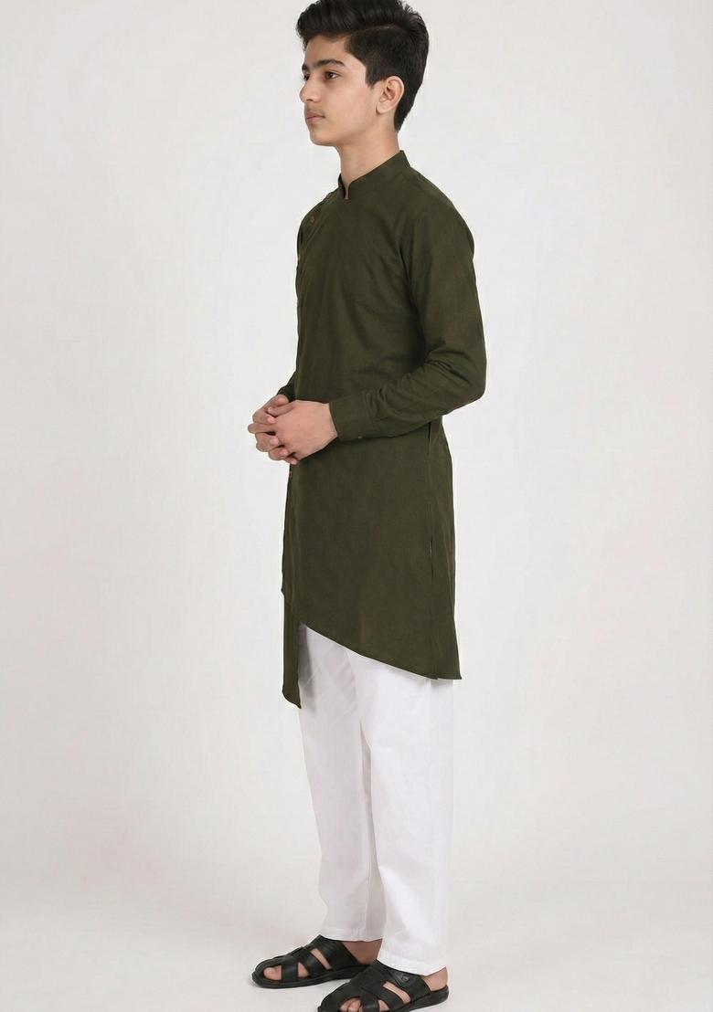Mehendi Green Plain Cotton Kurta Set For Boys - Indya