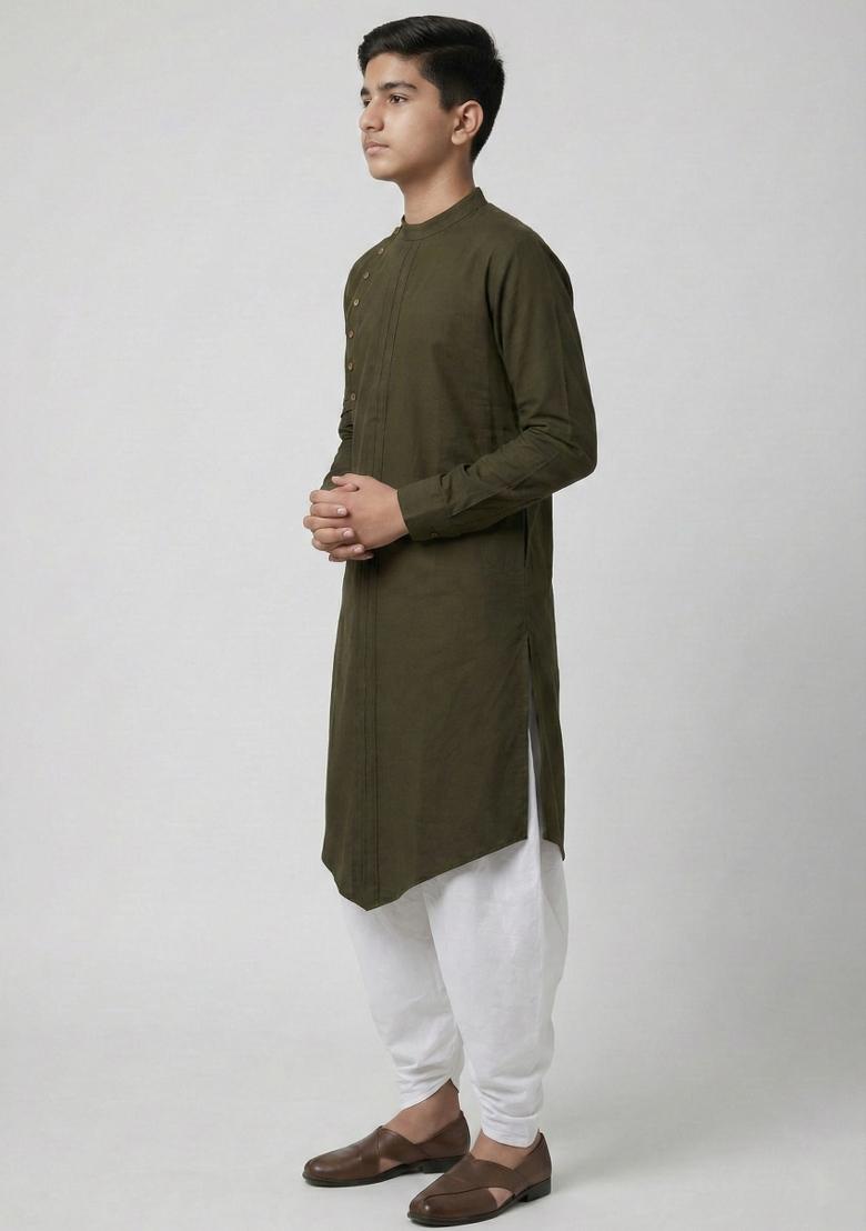 Mehendi Green Plain Cotton Kurta Set For Boys - Indya
