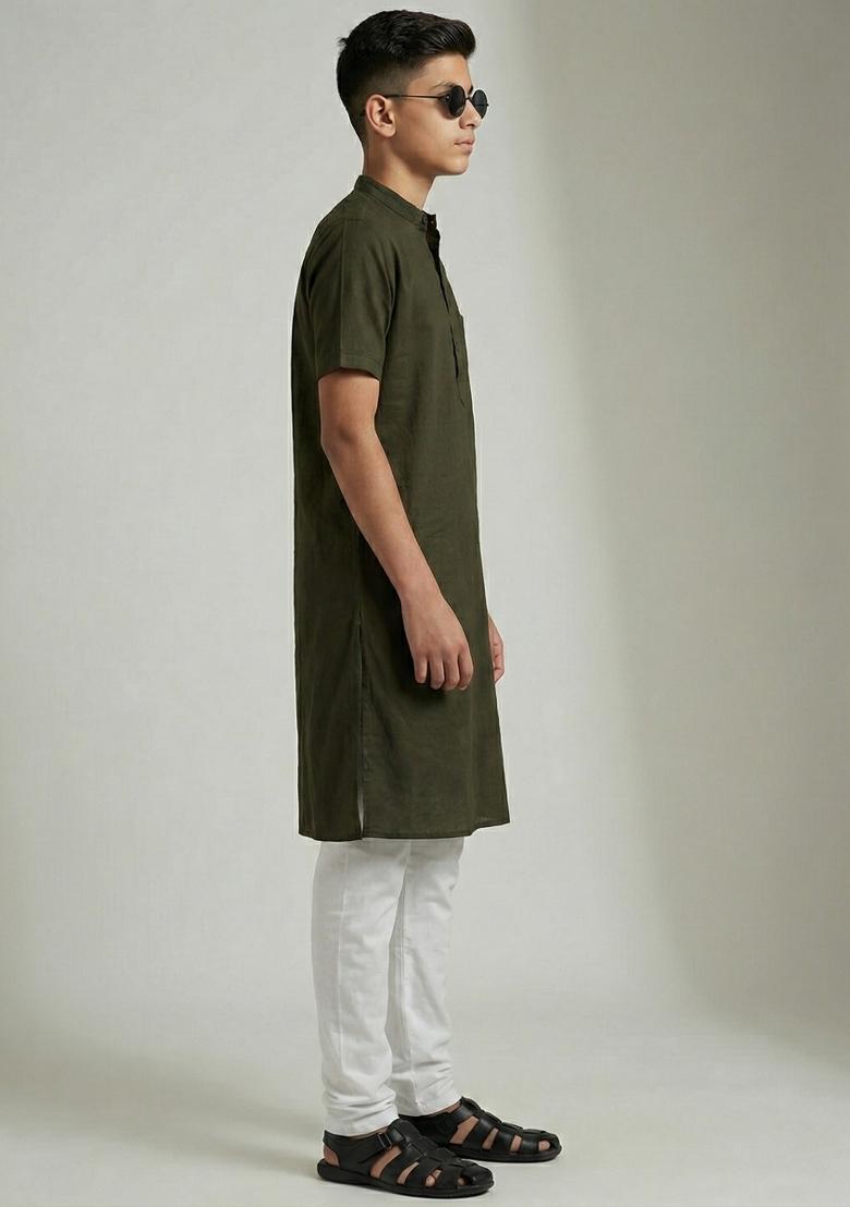 Mehendi Green Plain Cotton Kurta Set For Boys - Indya